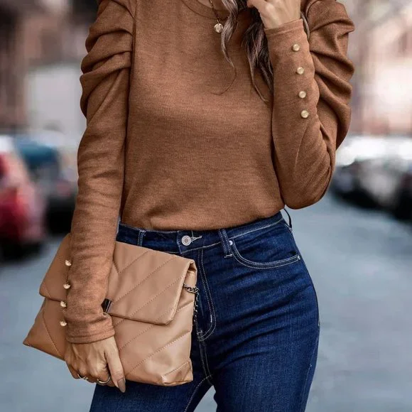 Puff Sleeve Button Detail Top Brown - Picture 3 of 5